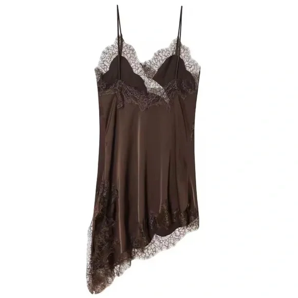 NWT - Lace Silk Slip Dress Brown - Straps - Mini Dress - Y2K -Bohemian Zara Like - Picture 4 of 5